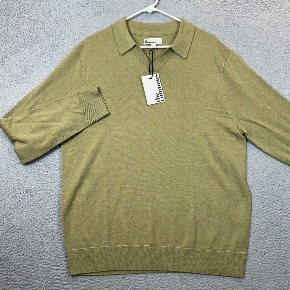 NEW The Commons Polo Sweater Mens Large Sage Green Wool Knit Casual Long Sleeve